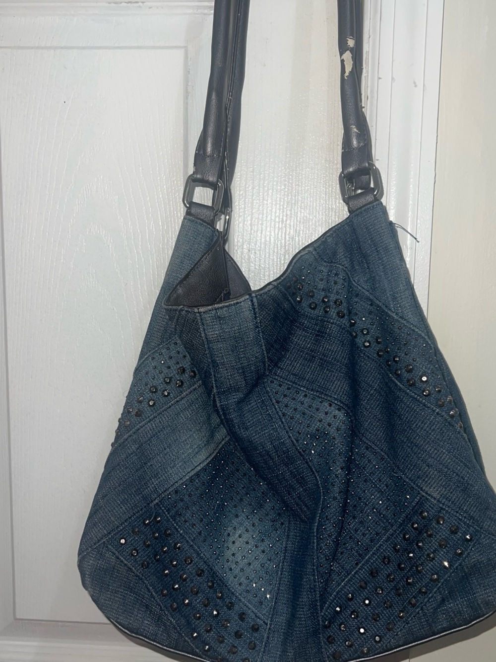 Studded Blue Denim Hobo Bag